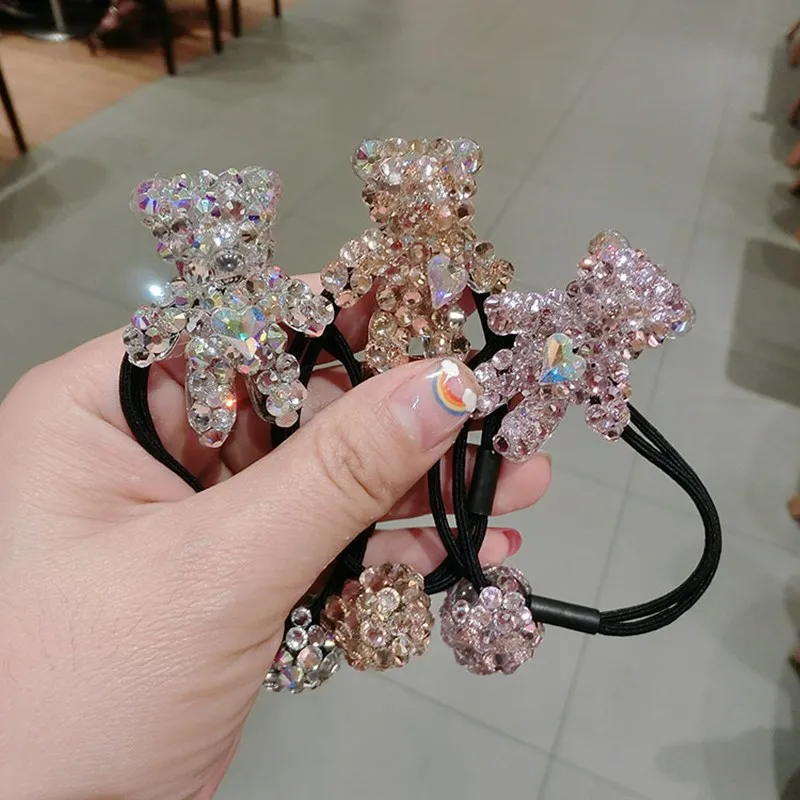 Full Rhinestone Bow Hair Accessories Elastic Hair Bands Luxury Crystal Doll Bear Heart-shape Hair Tie Rubber Band Gums Wholesale