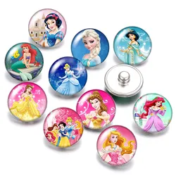 Princesses Elsa Belle Snow white 10pcs Round photo glass cabochon 18mm snap buttons for 18mm snap bracelets jewelry wholesale