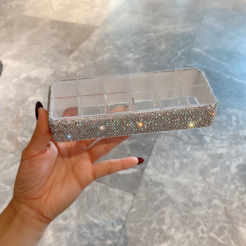 

Rhinestone Lipstick Box Acrylic Makeup Organizer Storage Case Nail Polish Cosmetic Diamond Display Stand Holder Gifts 12 Grids