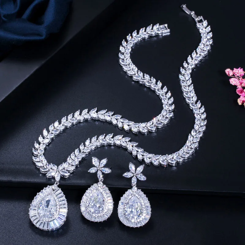 BeaQueen Sparking Royal Blue Cubic Zircon Flower Water Drop Earring Necklace Pendant Sets Dinner Party Jewelry Accessories JS032