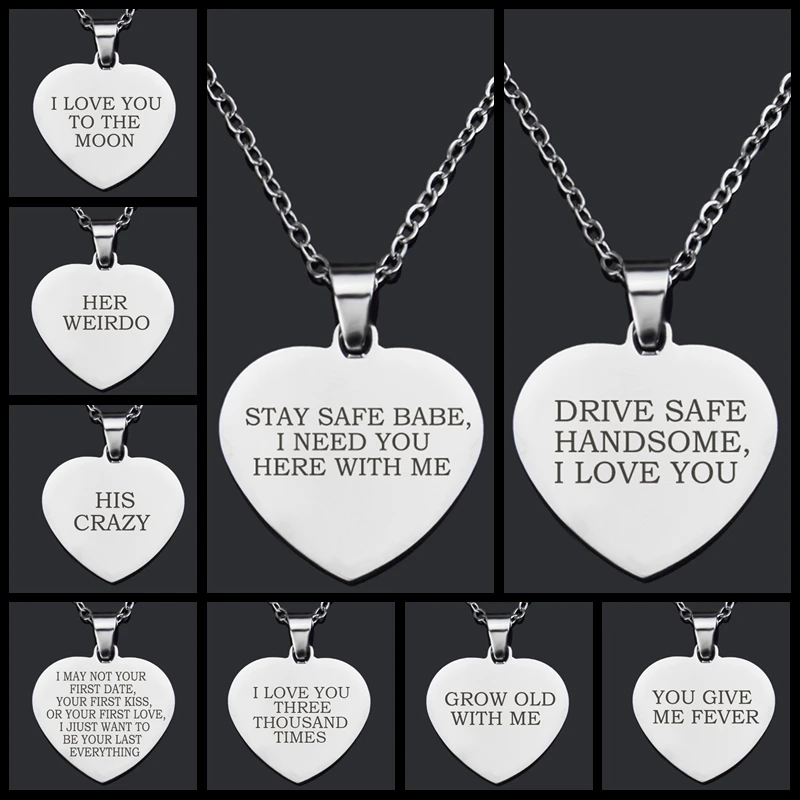 Couple Gift His Crazy Her Weirdo Engraved Necklace Unique For Lovers Sweetheart Stainless Steel Pendant Necklace