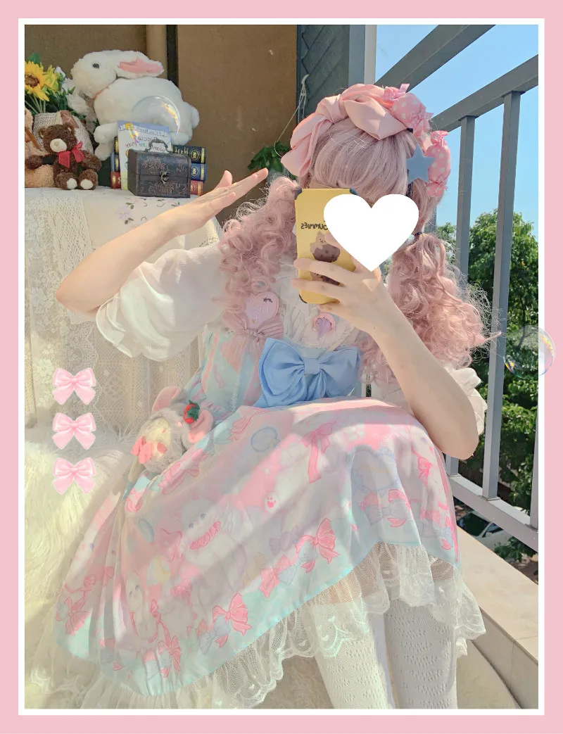 Palace Sweet Princess Lolita Strap Dress Vintage stampa a vita alta abito vittoriano Kawaii Girl Gothic Lolita Cos Loli Jsk Cat