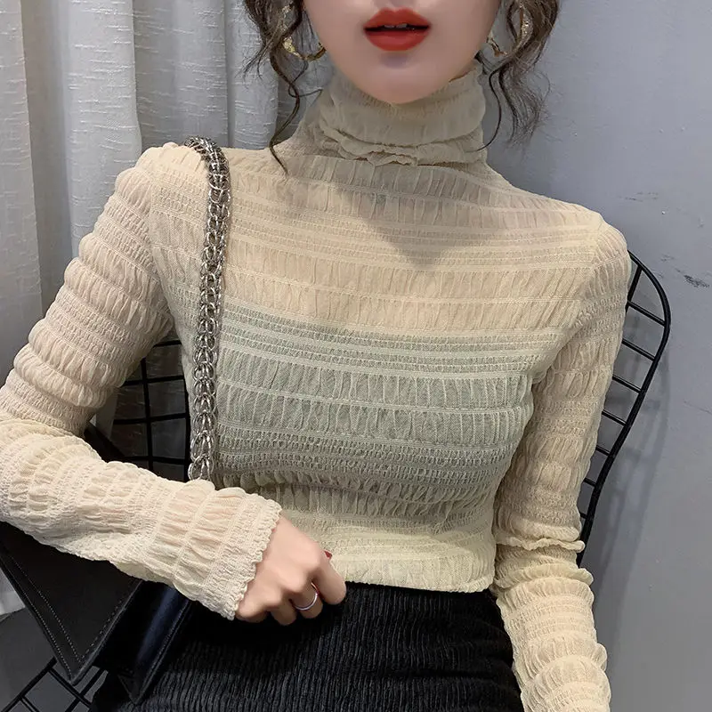 Blouse Women Mesh See-through Lace Shirt Slim-Fit Pile Collar Top for Women Blusas Ropa De Mujer