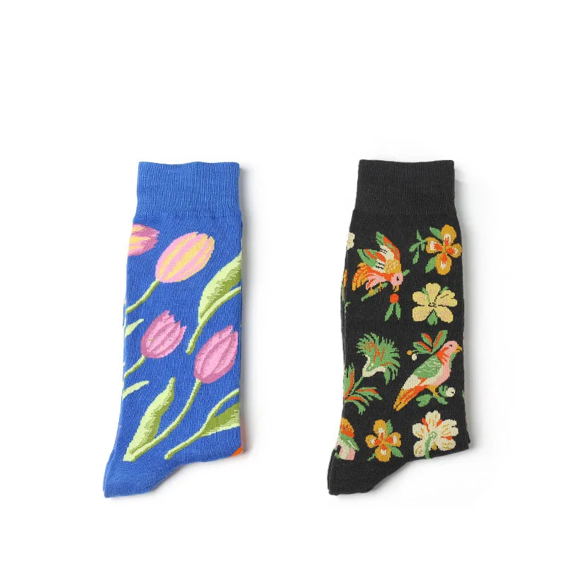 Coloridos calcetines de algodón para hombre y mujer, medias divertidas con diseño de flores y pájaros, EUR39-44, 1 par