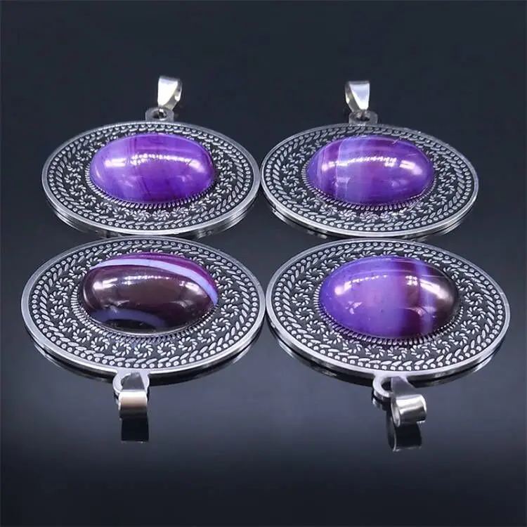 Stainless Steel Bohemia Natural Stone Vintage Necklaces Women Silver Color Oval Chain Necklace Jewelry Reiki Healing Gift N8150