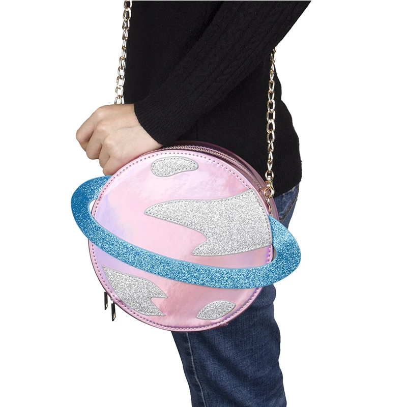 Laser Circular Planet Shape Pursess and Handbags for Young Girls Cute Cartoon Women Chain Crossbody Bag Fashion Novetly Clutch