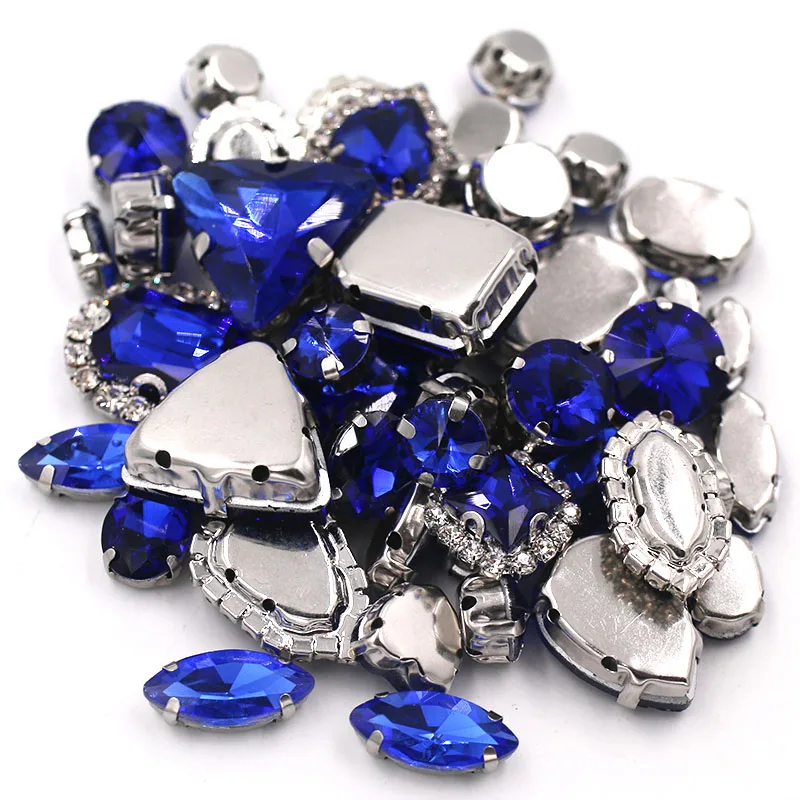 50pcs/Bag Royal Blue Mixed Shape Sew on Glass Rhinestone Silver Claw Crystal Buckle Diy Wedding Decoration Clothes/Shoe/Dress