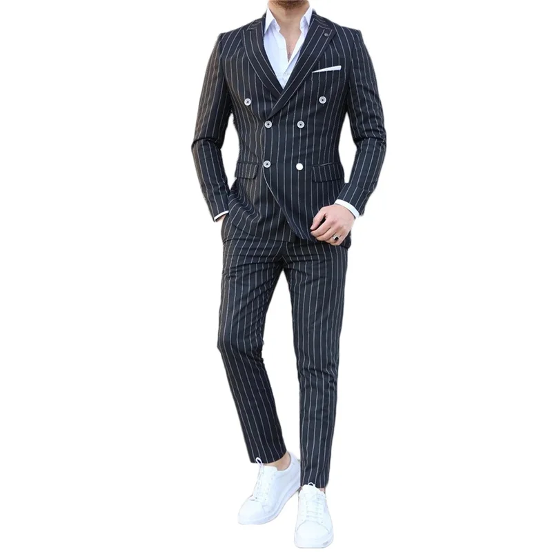 2 Piece Men Suits Pinstripe Custom Made Lapel Royal Wedding Suits High Quality Handsome Formal Thick Business Coat+Pant