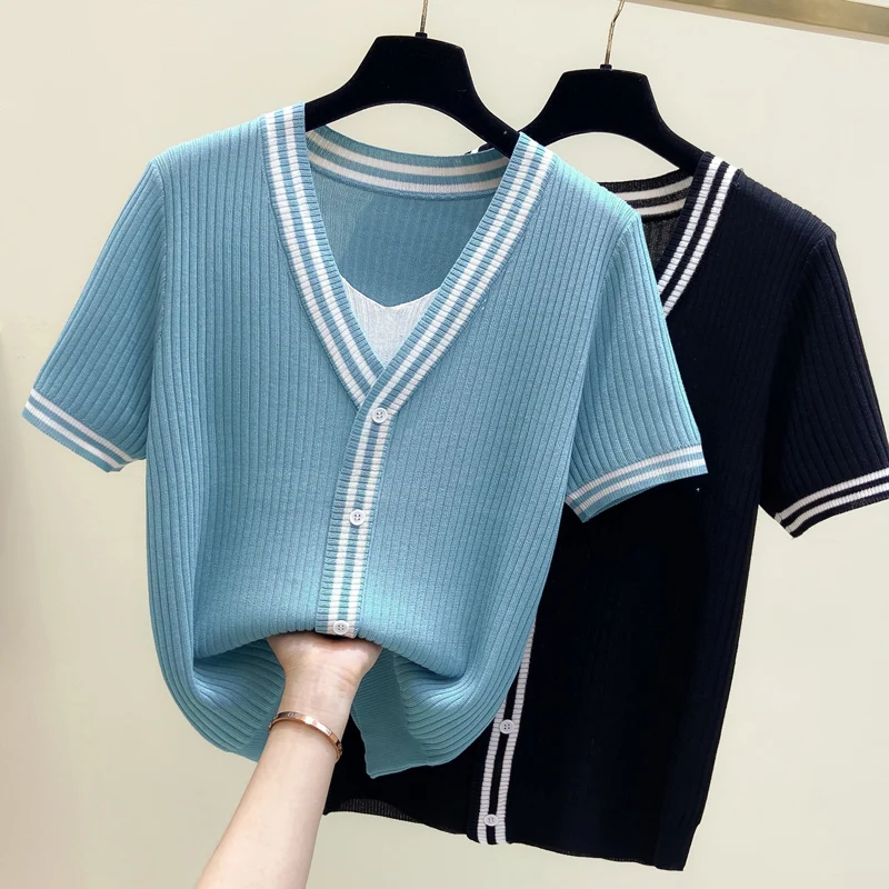 M-4XL Large Size Women Summer V neck Short Sleeve Stripe Knitted Pullover Tee Base Wool Oversized Sweater Women Jumper T-shirt