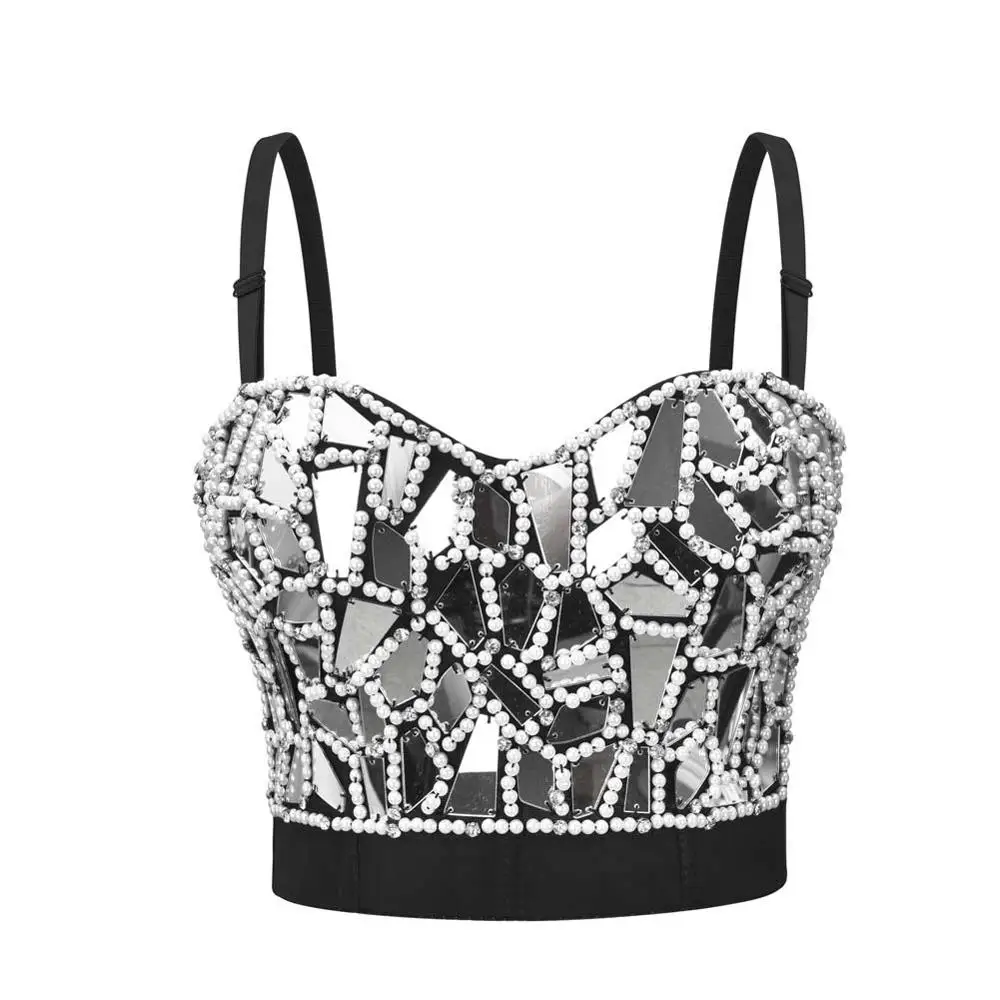 

Silver Mirror Diamonds & Beading Punk Rave Rock Belly Dance Bra Gothic Bralette Crop Top Women Sexy Club Wear Cute Push Up Bras