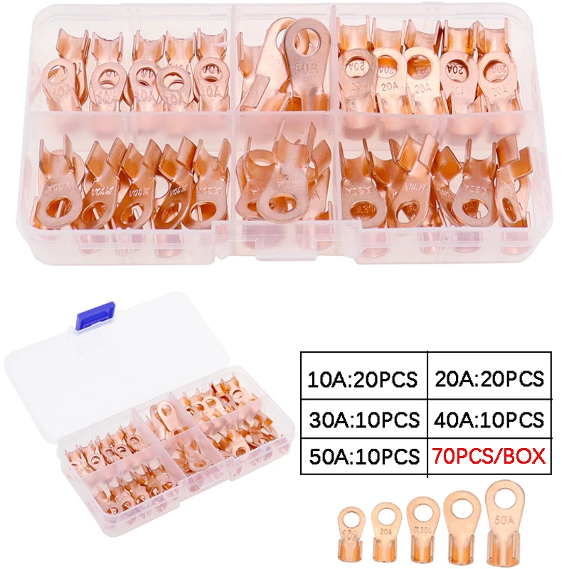 

70pcs Copper Battery Cable Connector Terminal Open Lugs Wire Terminals OT 10/20/30/40/50A
