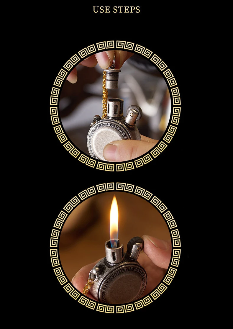 Retro Pocket Watch Kerosene Lighter Mini Portable Gasoline Lighters Classic Vintage Oil  Round Metal Unusual  Men's Gift