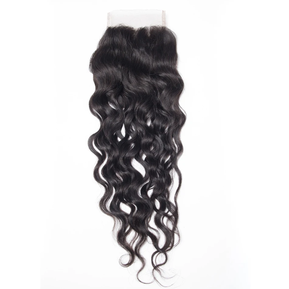 Queen Hair-extensiones de pelo brasileñas con ondas al agua, accesorio de cabello humano Remy con cierre de encaje transparente de 4x4, de tres partes