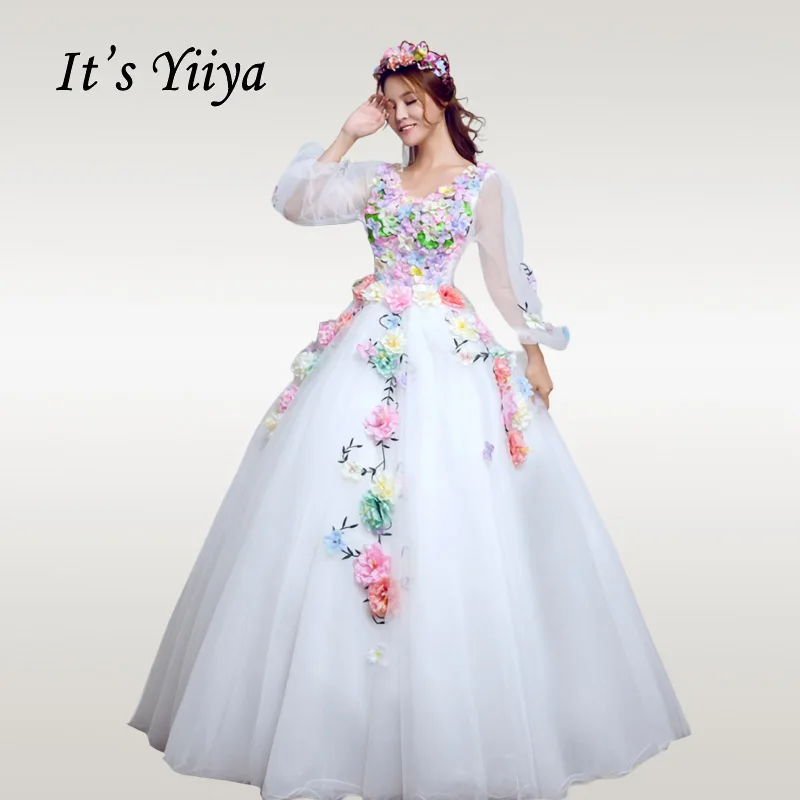 

It's YiiYa Wedding Dress Elegant Long Lantern Sleeve White Wedding Ball Gowns Plus Size V-neck Crystal Robe De Mariee CH198