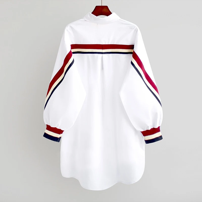 OUMENGKA 2024 White Loose Button Up Stripe Bandage Shirts Women Blouses Turn-Down Collar Woven Long Sleeve Ladies Tops