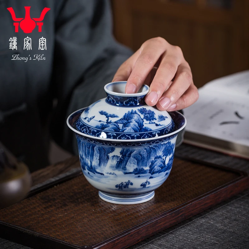 

|kiln jingdezhen blue and white landscape manual hand-painted maintain tureen tea bowl two large bowl kung fu tea set