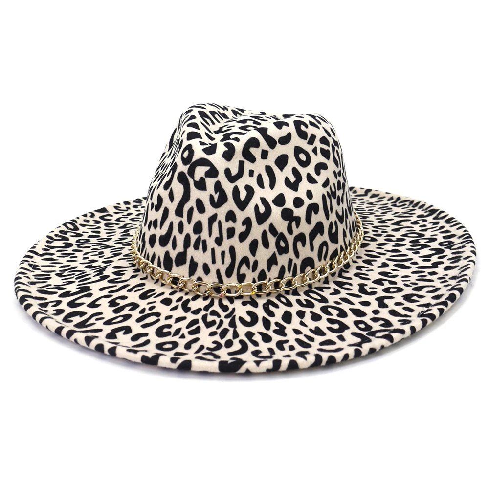 9.5CM big brimmed hat with leopard print fedora hat for women autumn and winter new hat British retro Panama woolen hat