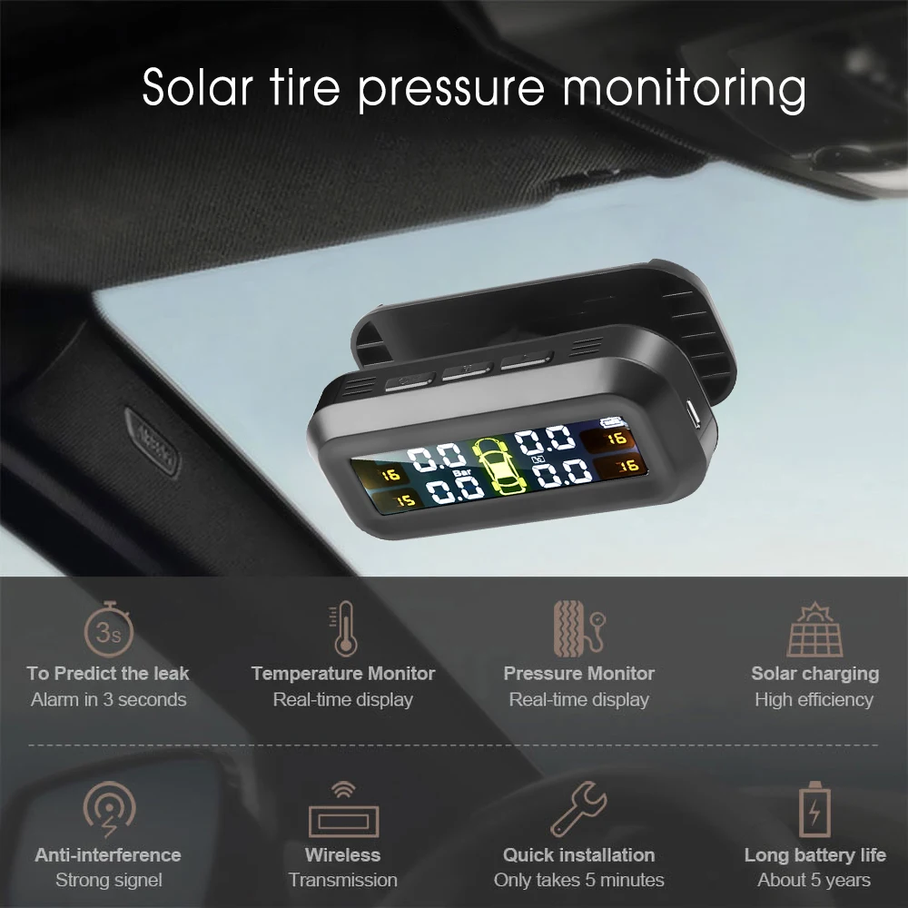 Solar TPMS Car Tire Pressure Alarm Monitor System Real-Time Display Warning Windshield Auto Driving Safety Kit with 4 Sensors