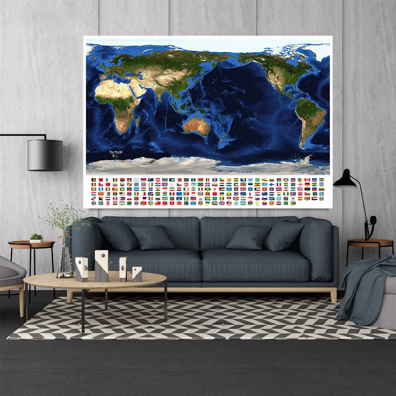 Mapa de satélite mundial com bandeiras do país, pintura em lona não tecida, arte mural, pôster, sala de estar, decoração de casa, 150x100 cm