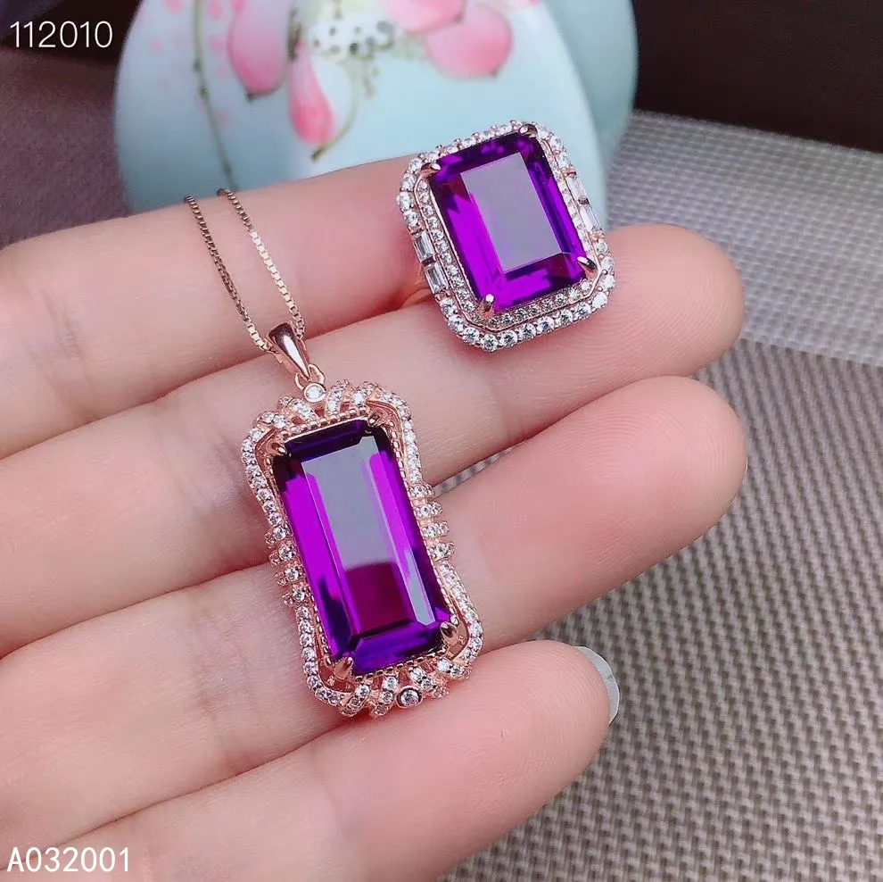 

KJJEAXCMY fine jewelry Amethyst 925 sterling silver women pendant necklace chain ring set exquisite