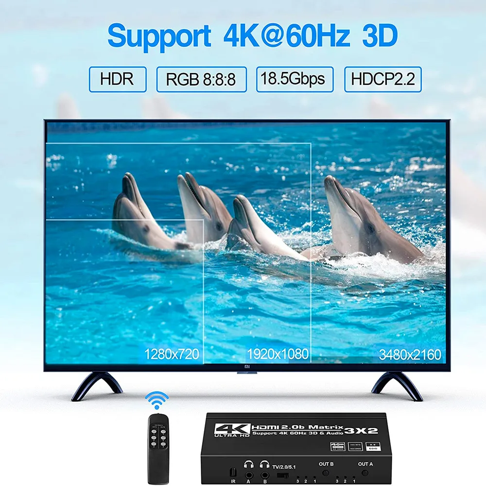 KuWFi 4K/60Hz zdalny przełącznik przełącznik HDMI 3x2 podwójny ekstraktor Audio 2.0b Matrix Splitter dla PS4/5 xbox TV odtwarzacz HD DVD