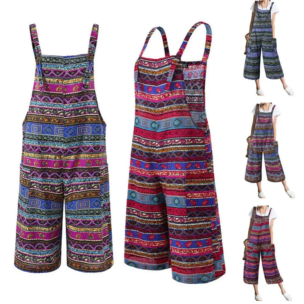 Women Jumpsuits Summer Overalls Multicolor Ethnic Style Sleeveless Casual Rompers with Pockets for Girls Playsuit Pants