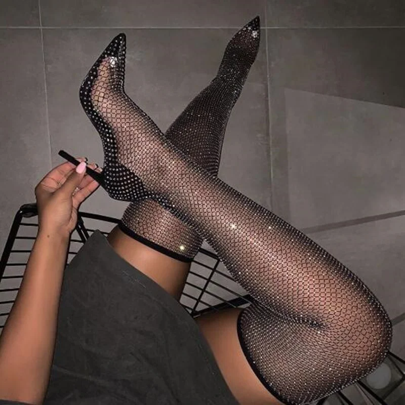 Clear PVC Fishnet Pointed Toe Over The Knee Thigh High Boot Crystal Embellished Party Dress Shoes Bling Bling Sequins Socks Boot