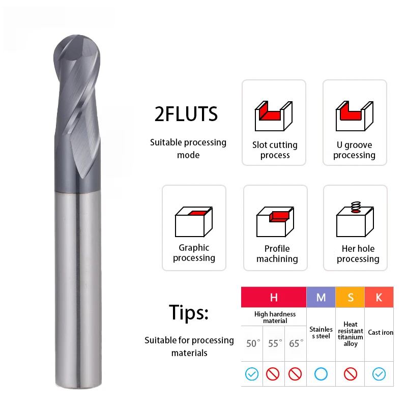 Q.Grt Ball Nose End Milling Cutter Tungsten Carbide Cutter CNC Router Bit Milling Tool HRC50 55 65 2 Flute Ball End mill