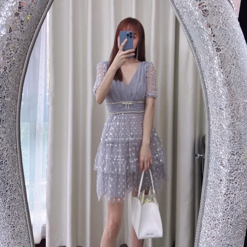 

Elegant Embroidered Beads Crystal Sequin Prom Dress Party Night Women Layers Cake Ruffles Short A Line Summer Tulle Dress Female