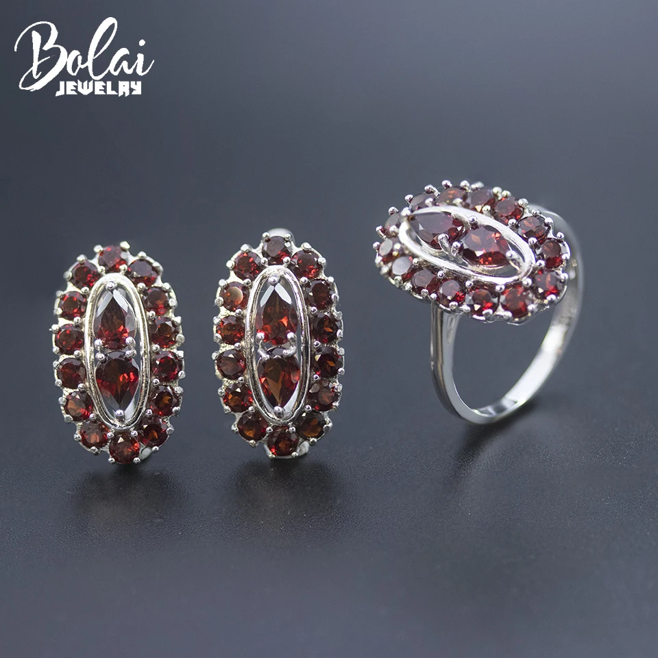 

Bolai Natural Garnet Jewelry Sets Kits 925 Sterling Silver Clasp Earrings Ring Gemstone Jewelry for Women Wedding Birthday Gift