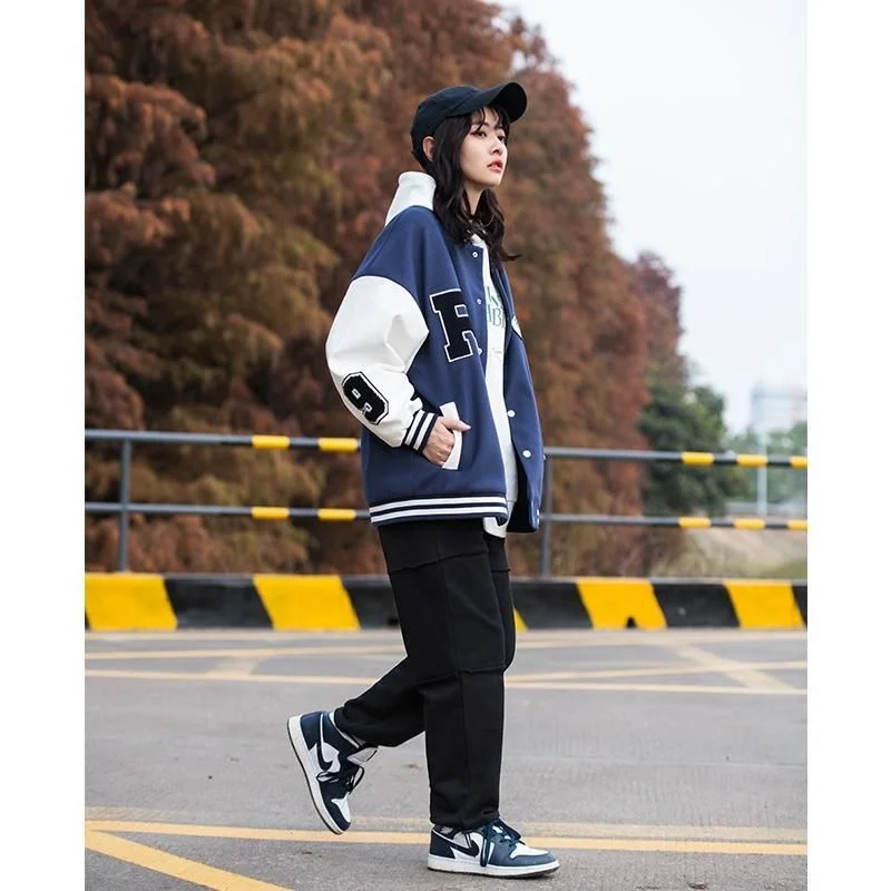 2022 frühling herbst blau weiß baseball uniform neutral Japan straße lose kontrast farbe strickjacke stil jacke preppy frauen tragen