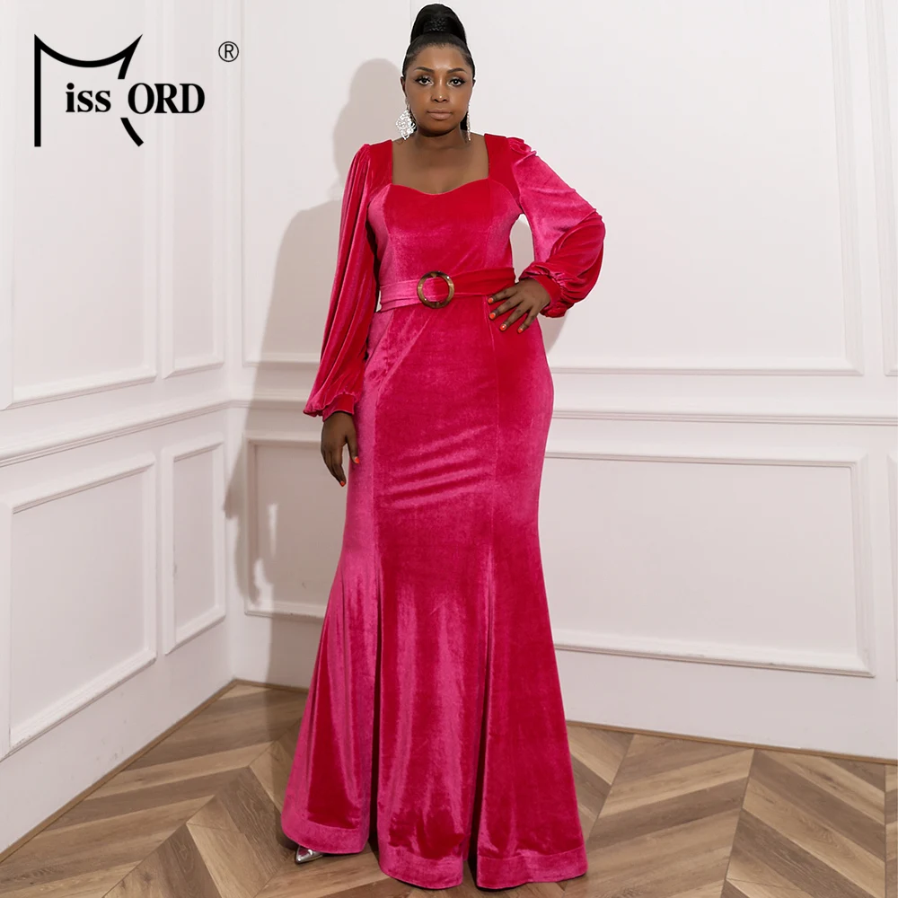 Missord Pink Velvet Plus Size Long Evening Dresses Women Elegant Square Collar Lantern Sleeves Belted Party Prom Mermaid Dress