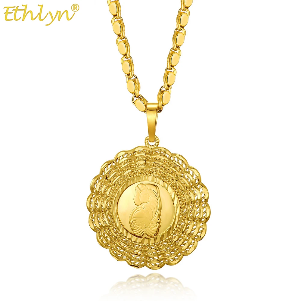 Ethlyn Dubai Gold Color Beauty Head Portrait Round Pendant Necklace for Women Men Jewelry MY318