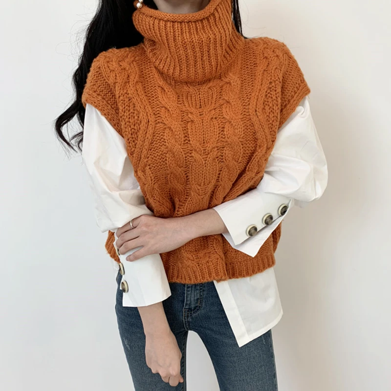 Vintage Turtleneck Women's Sweater Vest 2020 Autumn Winter Knitted Pullover Female Korean Loose Sleeveless Top Orange Blue Black