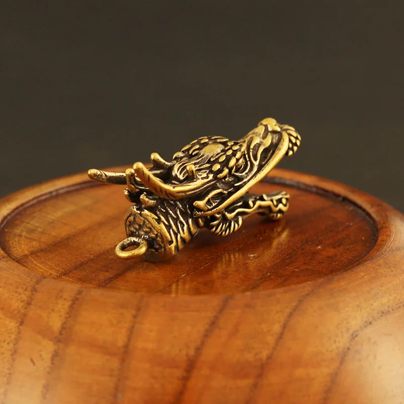 Handmade Bronze Mini Long Horn Dragon Head Key Pendants Car Keychain Charms Vintage Copper Men Women Keyring Bag Pendant Jewelry