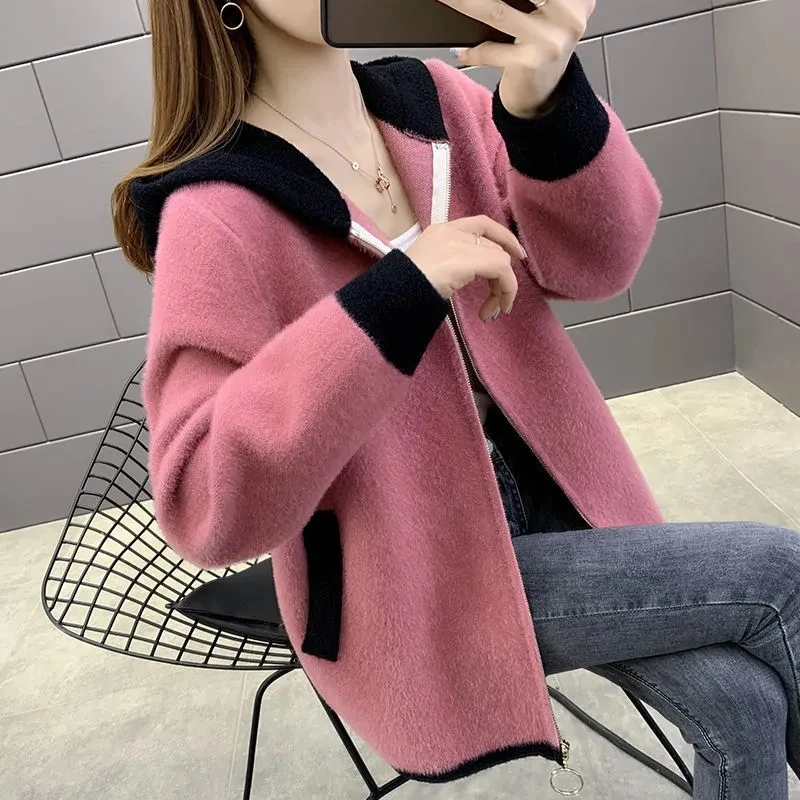 Splicing Plush Short Coat Women Spring And Autumn 2021 New Korean Loose Hooded Plush Cardigan Top Female Pink Zipper Trend 819