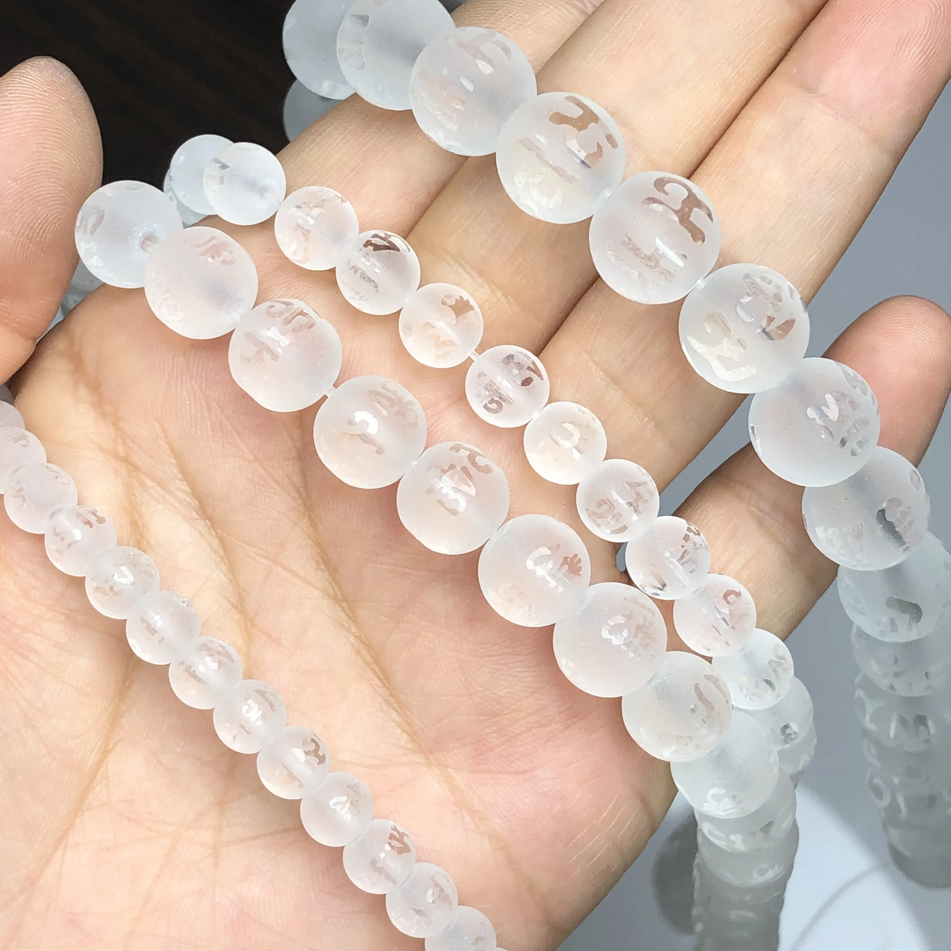 Natural Matte White Clear Six Word Mantra Prayer Buddha Crystal Glass Beads Round Charm Beads For Jewelry Making DIY Bracelet