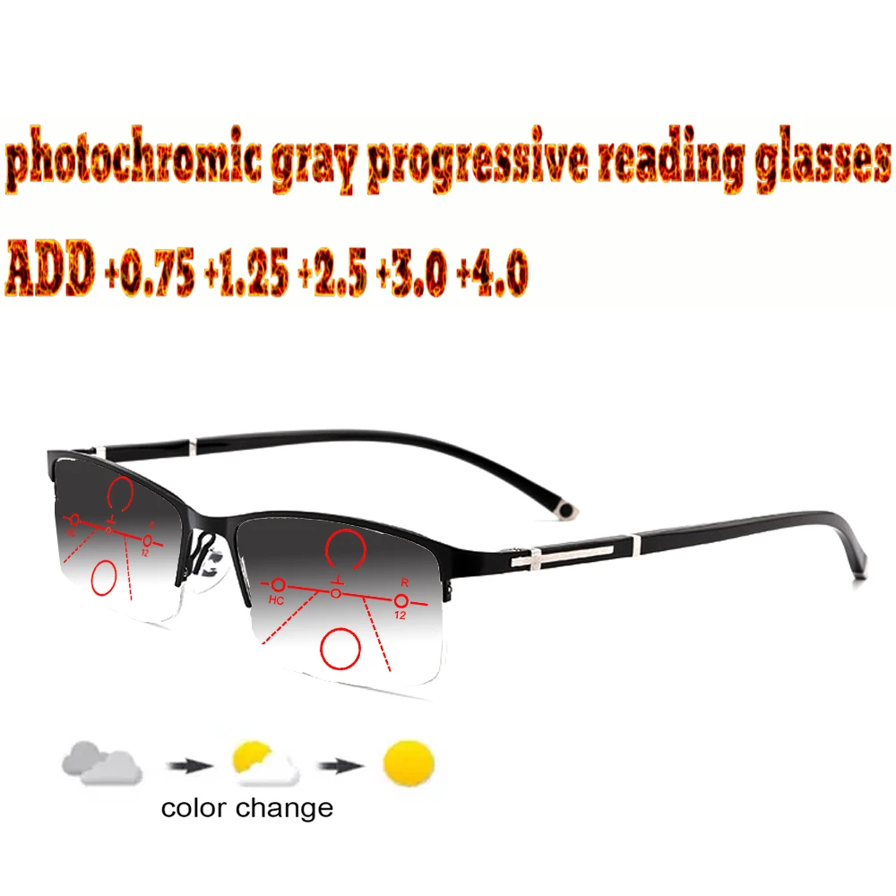 Photochromic Progressive Multifocal Reading Glasses Business Men Full Frame Comfort TR90 +1.0 +1.5 +1.75 +2.0 +2.5 +3 +3.5 +4