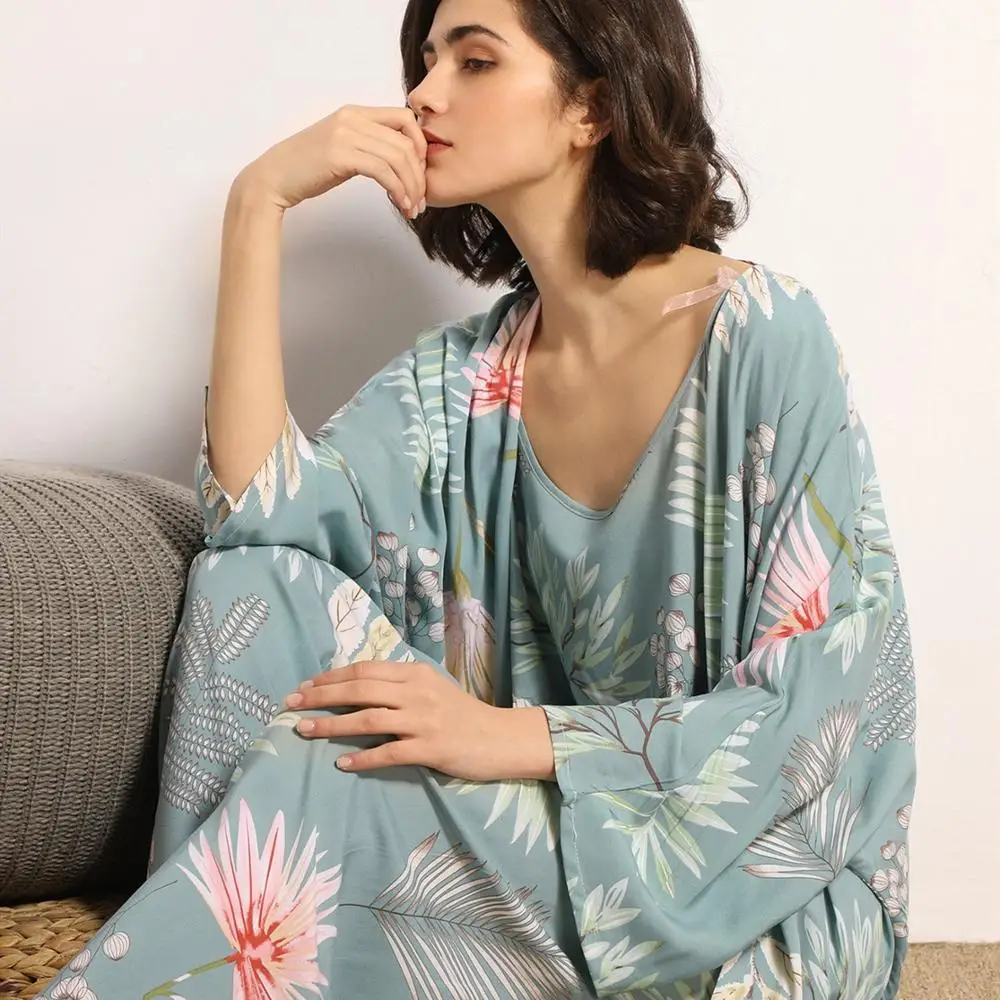 Kupokasi 3Pcs Women Viscose Pajamas Set Floral Printed Female Pyjama Elegant Girl Nightwear Spring Autumn Sleepwear sexy pjs