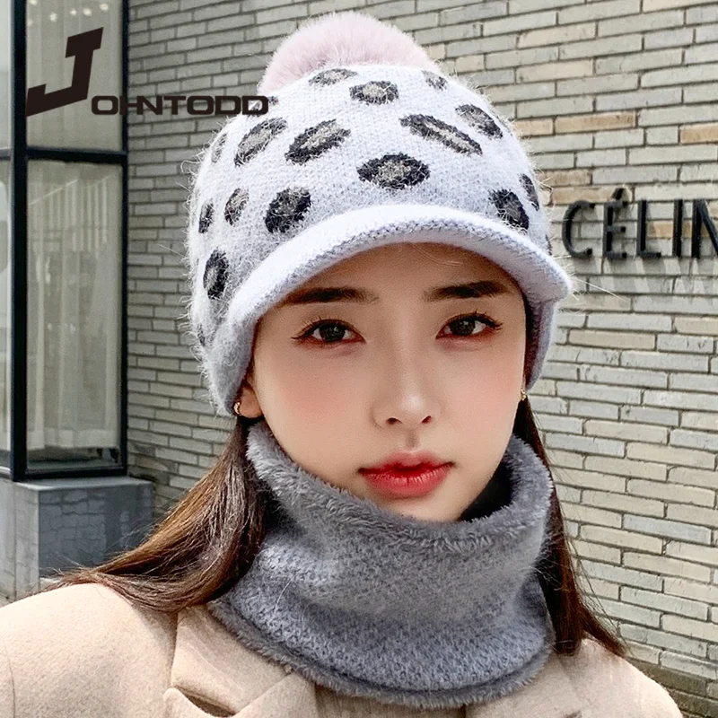 

2021 Fashion Women Casual Rabbit Fur Knitted Speckle Beret Hat Ladies Thick Warm Beret Hat Female Hair Ball Hat & Scarf Warm Set