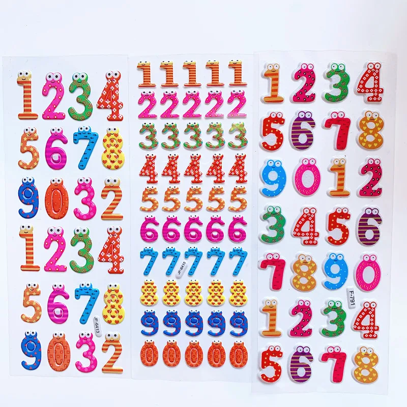 6 Sheets 3D Cartoon Stickers Waterproof Bubble PVC DIY Sticker Number Alphabet Girls Boys Kids Children Gifts GYH
