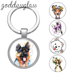 Lovely Dog shepherd dog Pomeranian Bulldog Round glass cabochon keychain Bag Car key chain Ring Holder Charms keychains for gift