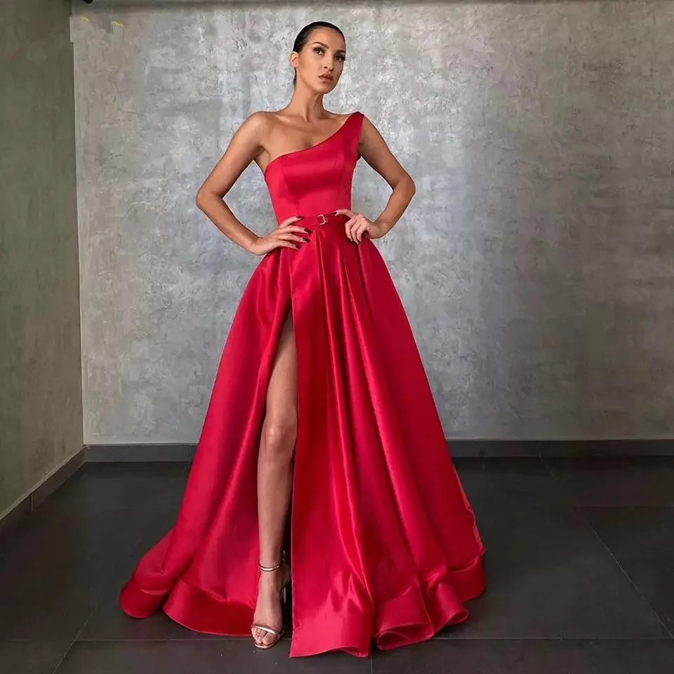 Simple Satin Evening Dresses Long One Shoulder High Split Party Dress Elegant Ruched Robe de soiree 2021