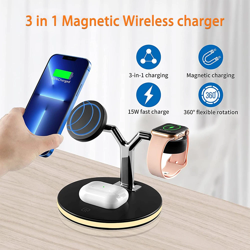 3 in 1 Magnetic Wireless Charger Stand For iPhone 13 Mini Pro Max/12/iWatch SE 6 5 4 3 15W Fast Charging For Airpods Pro