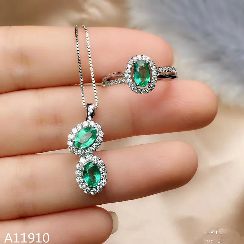 

KJJEAXCMY Fine Jewelry 925 Sterling Silver Inlay Natural Emerald Women's Ring Necklace Pendant Set Support Test