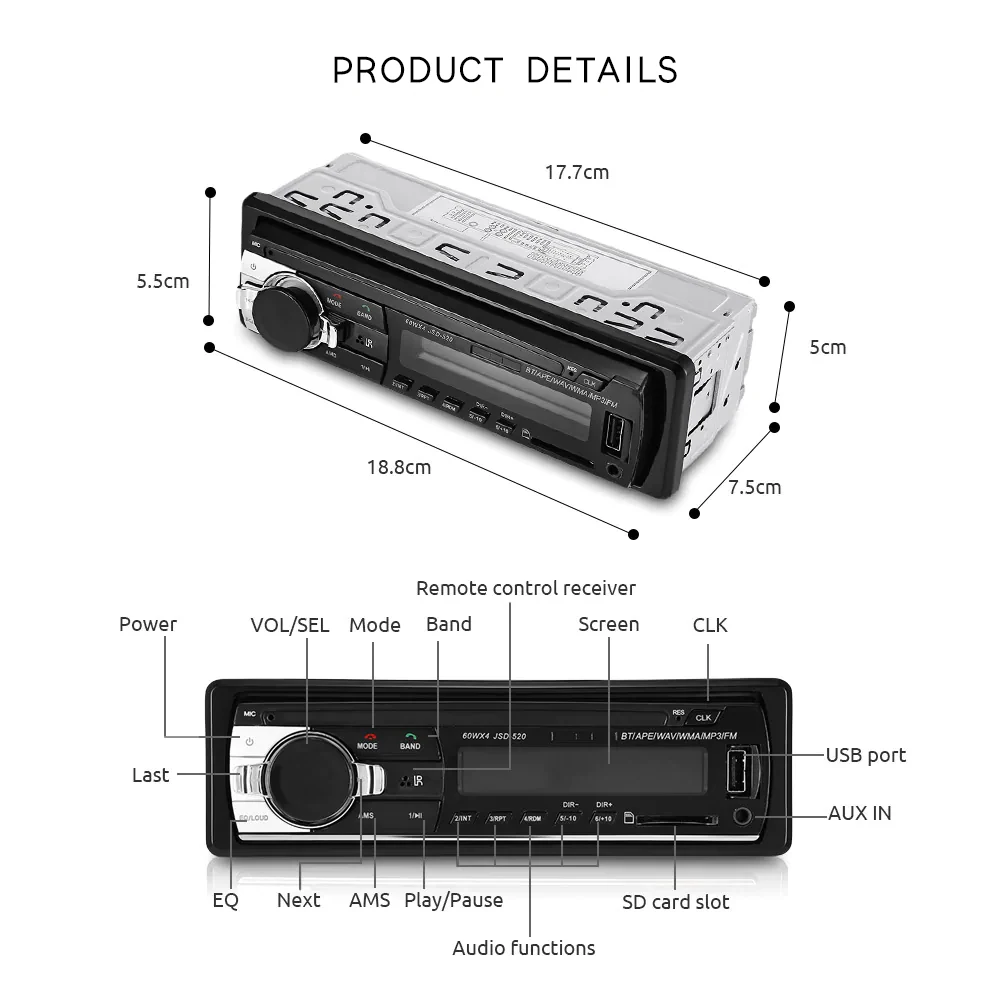 Podofo 1DIN In-Dash Car Radios Stereo Remote Control Digital Bluetooth Audio Music Stereo 12V Car Radio Mp3 Player USB/SD/AUX-IN