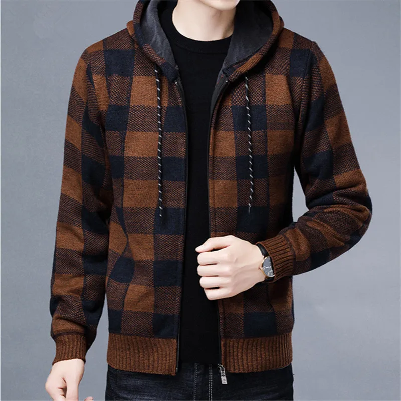 New Autumn Winter Men\'s Sweater Coat Thick Warm Hooded Plaid Wool Sweater Cardigan Jumpers Zipper Fleece Sweater Coat for Men