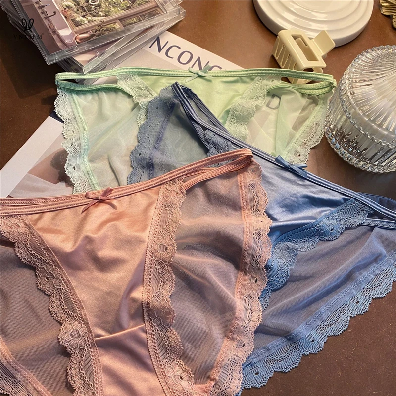 French high-grade satin lace underwear seductive sexy low waist transparent perspective underwear Ice Silk breathable briefs