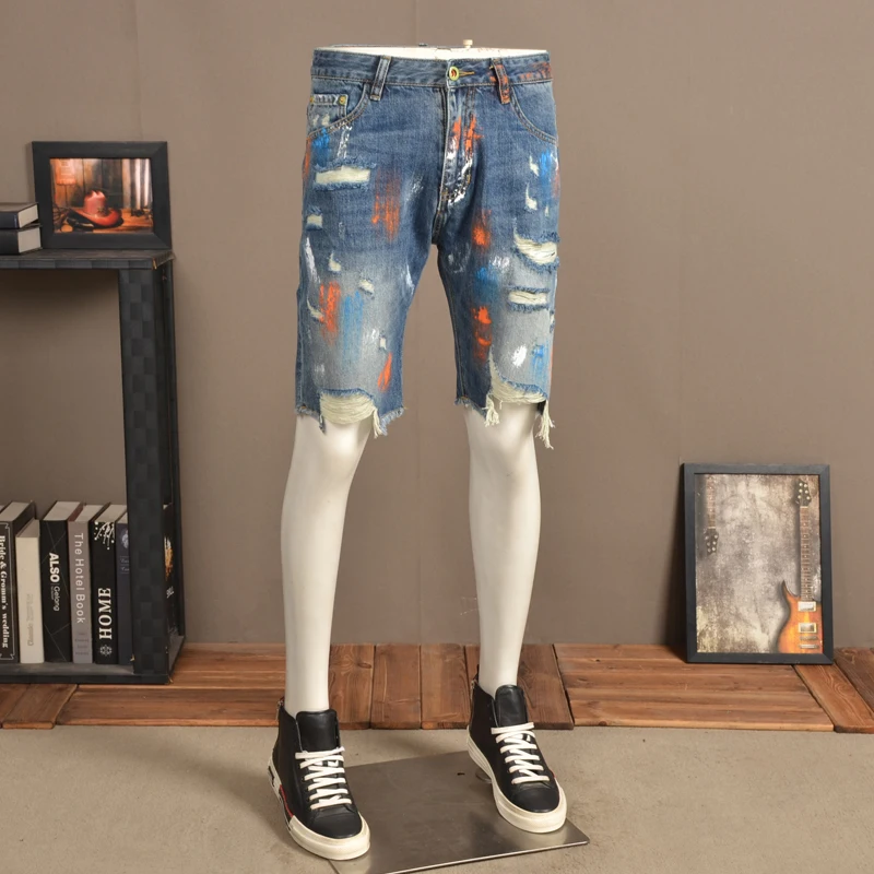 Men's Blue Ripped Hole Denim Shorts Summer Streetwear Casual Painting Printed Short Jeans