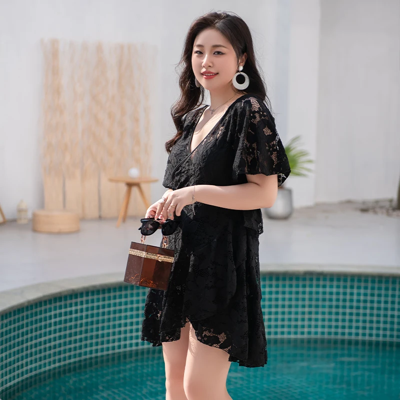 2XL-9XL Extra Plus ขนาดชุดว่ายน้ำ One Piece Swimdress สีดำ Underwired ชุดว่ายน้ำลูกไม้ชุดว่ายน้ำชุดว่ายน้ำขนาดใหญ่